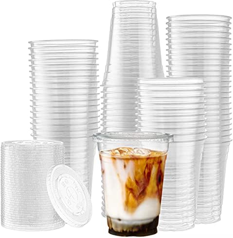 ג ' יי אקו [100 סטים-16 אונקיות.] / כוסות פלסטיק צלולות עם מכסים שטוחים / כוסות פלסטיק חד פעמיות עם